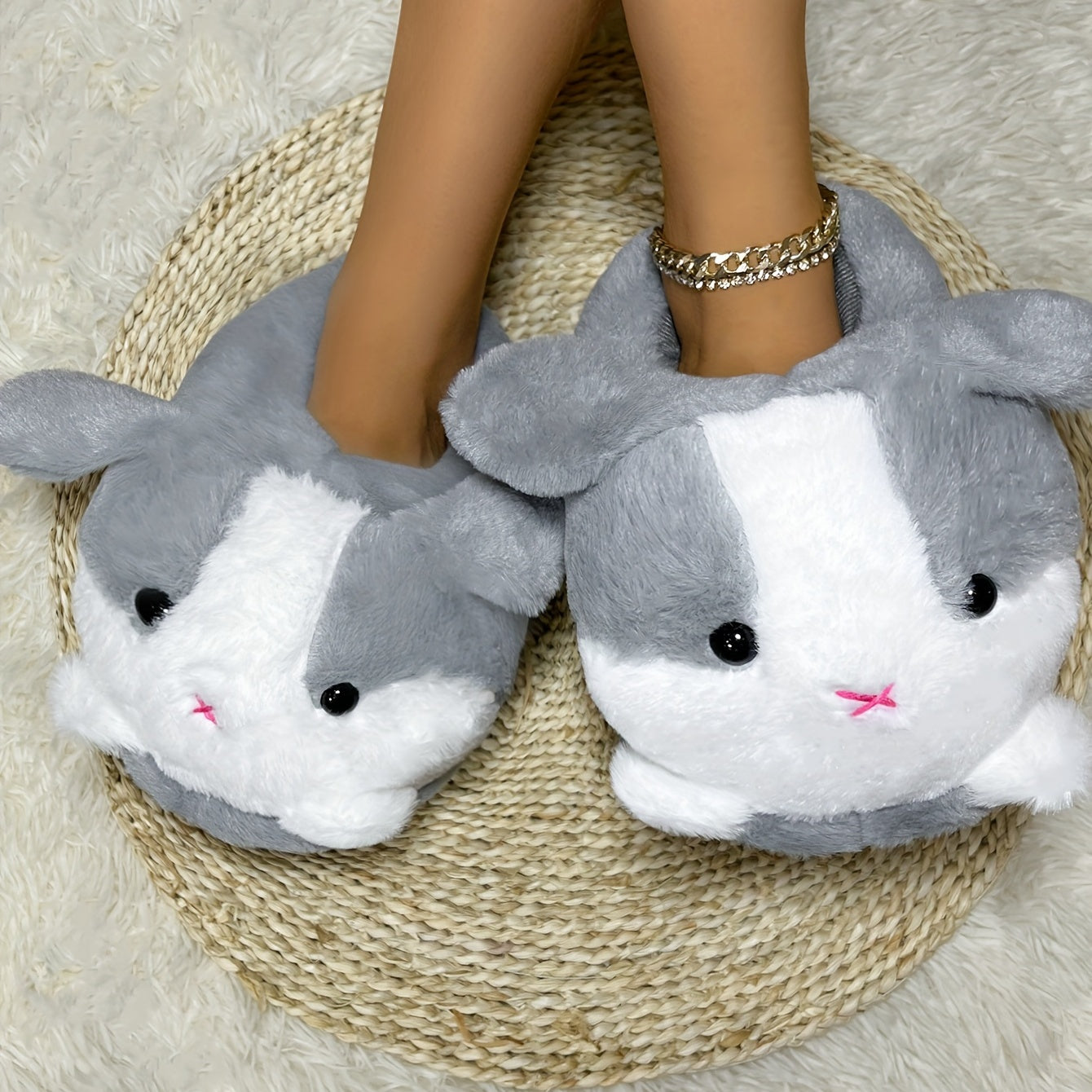 Rabbit Plush Slip-On Slippers Cozy Warm Indoor Shoes Women's Fluffy Novelty