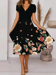 Floral A Line Dress V Neck Short Sleeve Midi