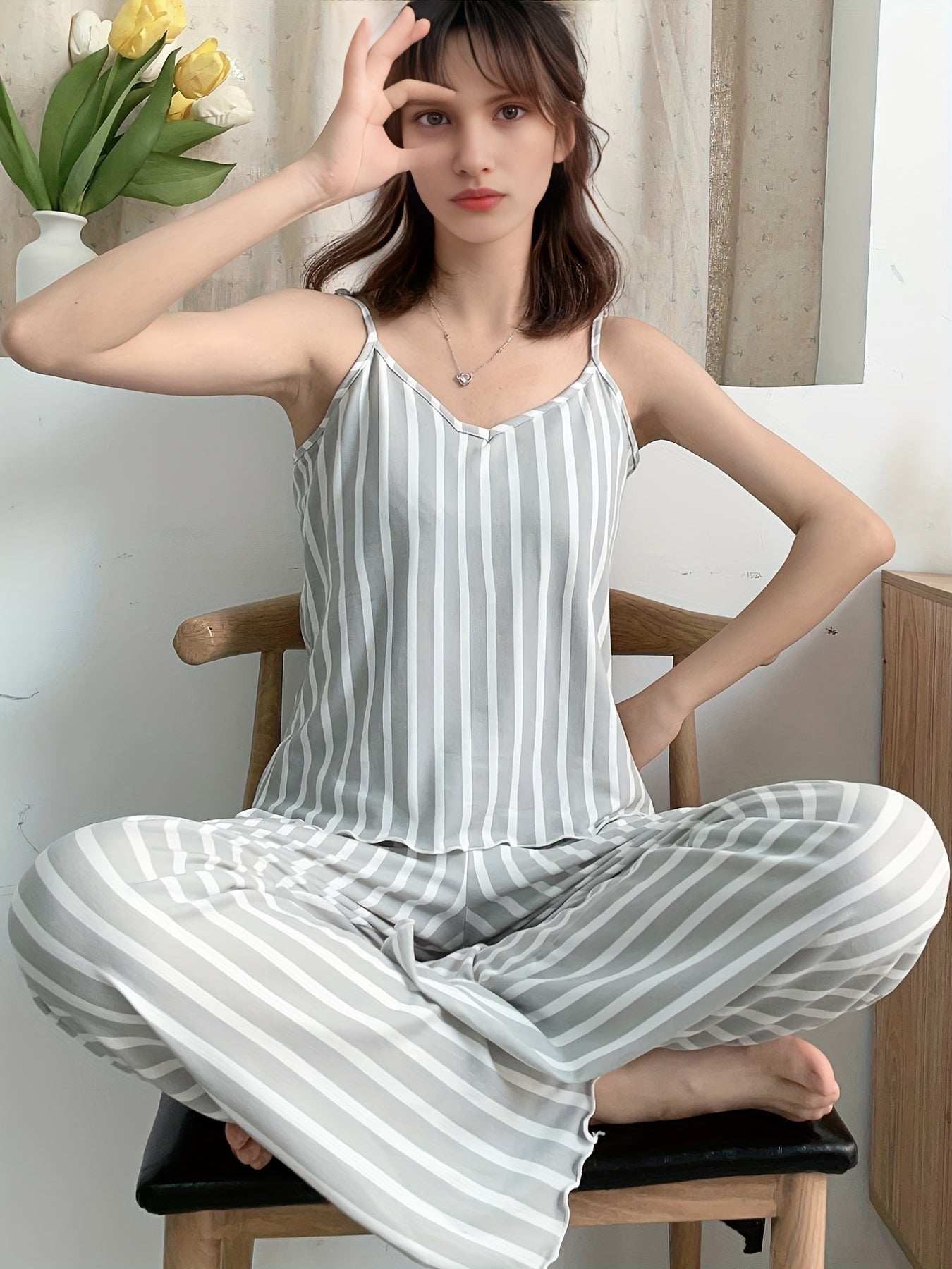 Striped Print Pajama Set V Neck Cami Top & Elastic Waistband Pants