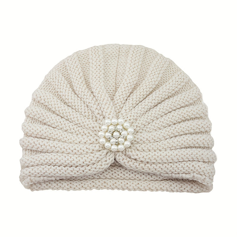 Faux Pearl Pleated Turban Cap Knit Head Wrap Beanie Warm Hat Ramadan Hijab Chemo