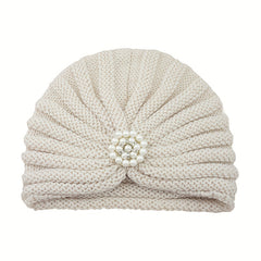 Faux Pearl Pleated Turban Cap Knit Head Wrap Beanie Warm Hat Ramadan Hijab Chemo