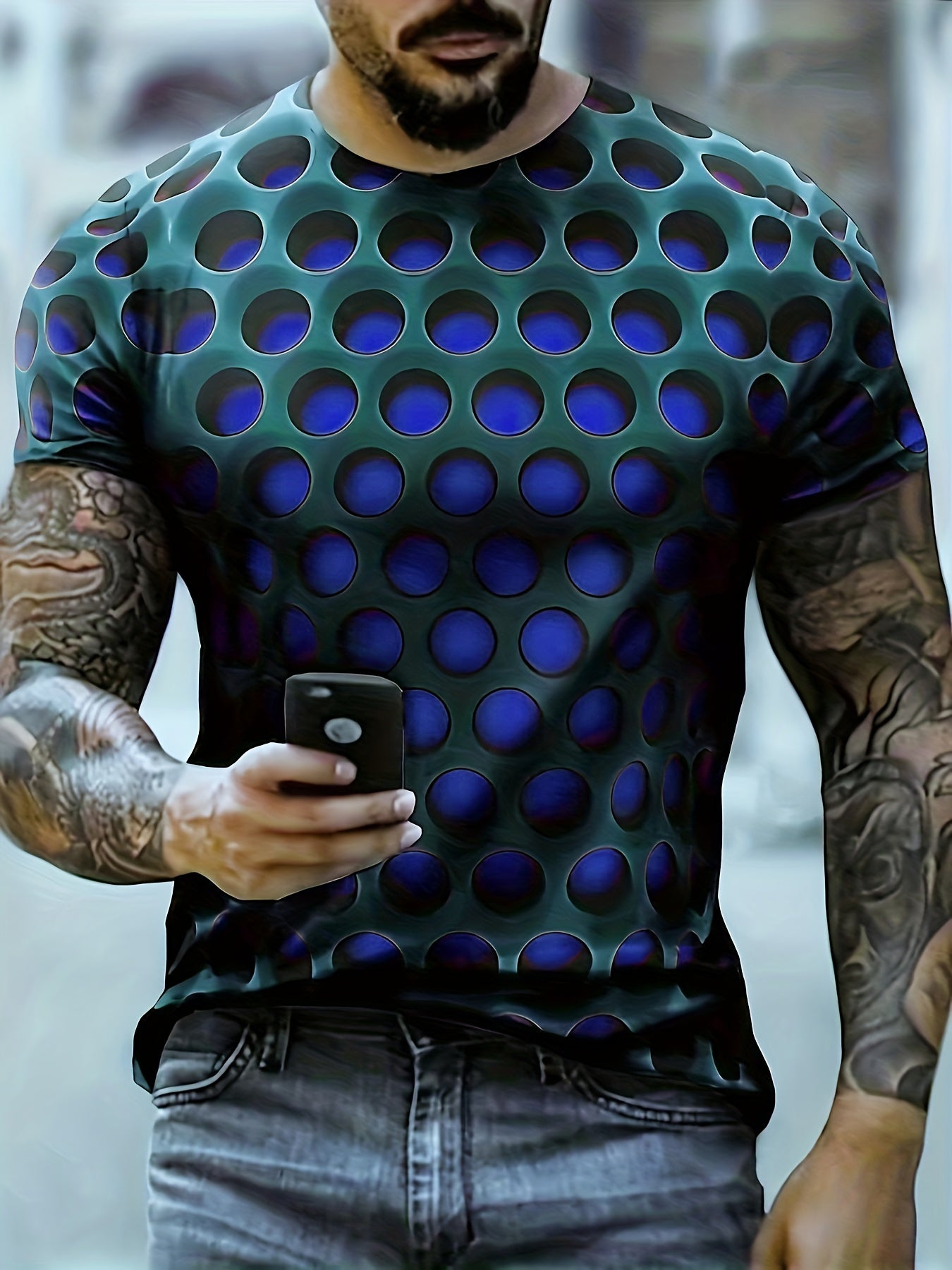 3D Dense Hole Pattern Vision Illusion Graphic Tee for Men