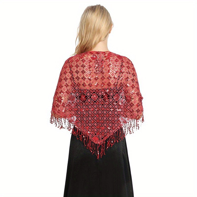 Sequin Decor Triangle Scarf Floral Hollow Out Solid Shawl
