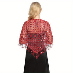 Sequin Decor Triangle Scarf Floral Hollow Out Solid Shawl