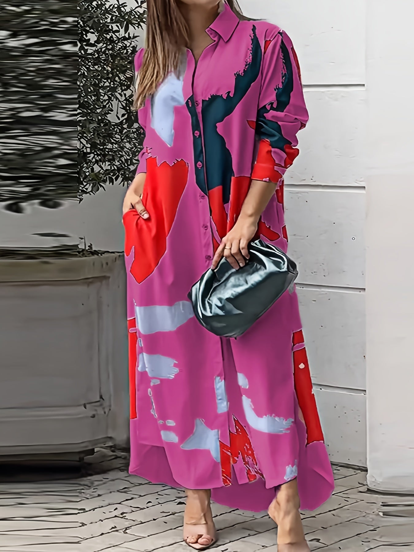 Colorblock Button-Up Long Sleeve Maxi Shirt Dress