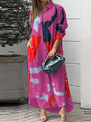 Colorblock Button-Up Long Sleeve Maxi Shirt Dress