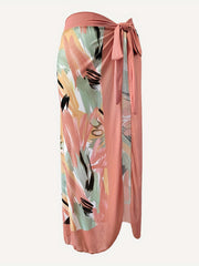 Painting Print One Piece Swimsuit & Wrap Skirt Set