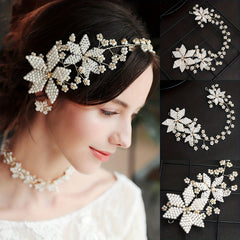 Pearl Tiara Braided Flower Headband Wedding Accessories