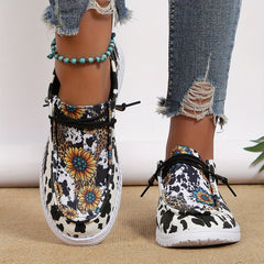 Women's Sunflower Print Canvas Shoes Lightweight Low Top Lace Up Shoes