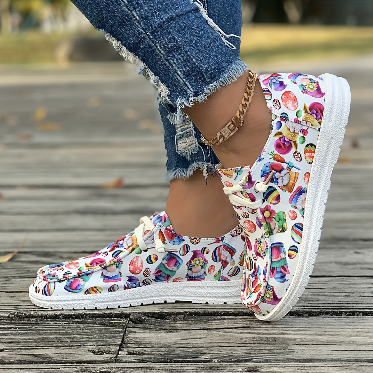 Women's Cartoon Figure & Eggs Print Sneakers Soft Sole Casual Flats