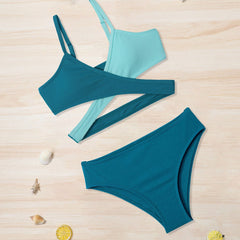 Girl's Ribbed Swimsuit Clash Bikini Set Cami Top & Briefs Beach Vacation