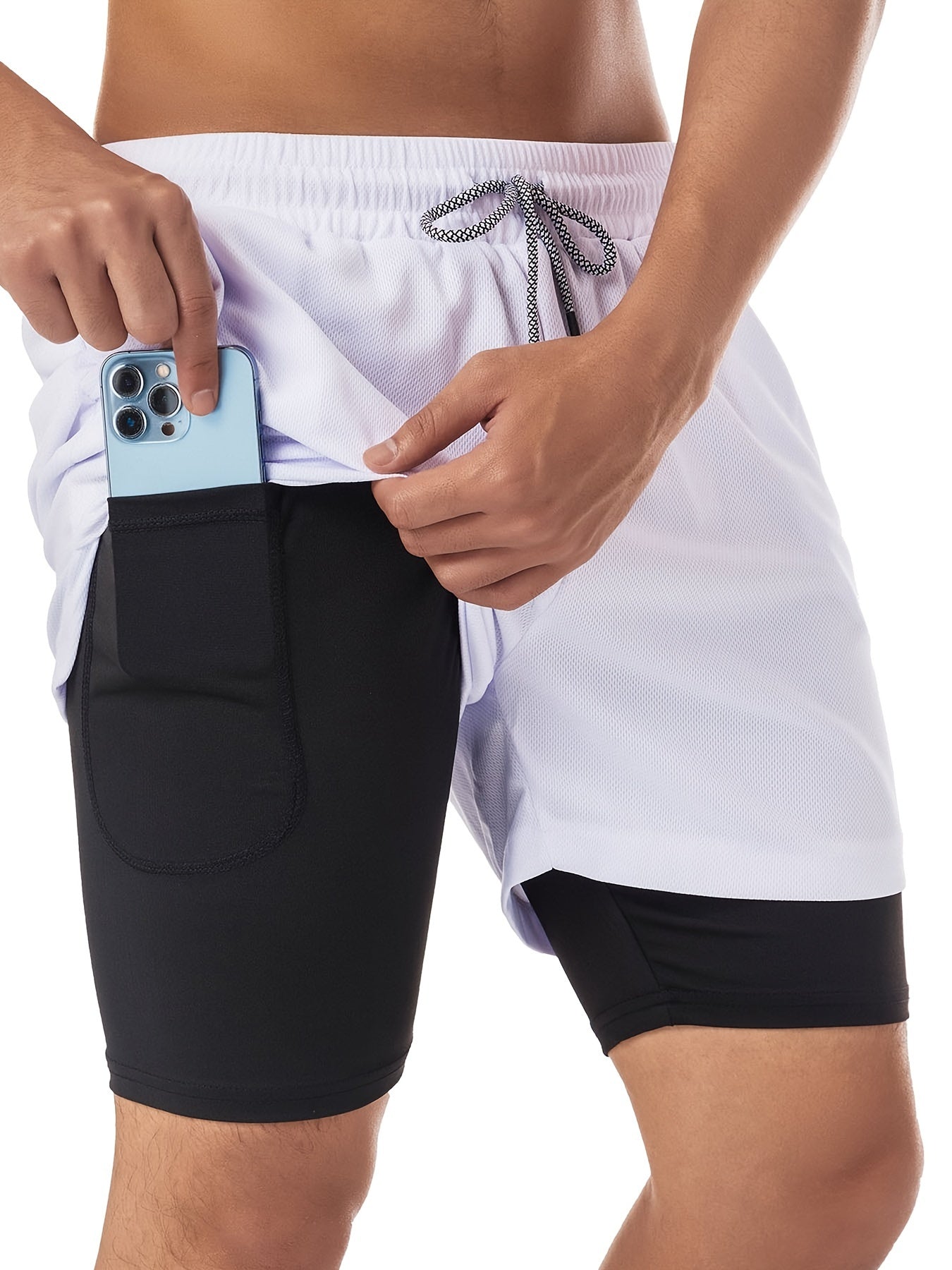 Men's 2-Layer Gym Running Shorts w/ Pockets Quick Dry Active Drawstring