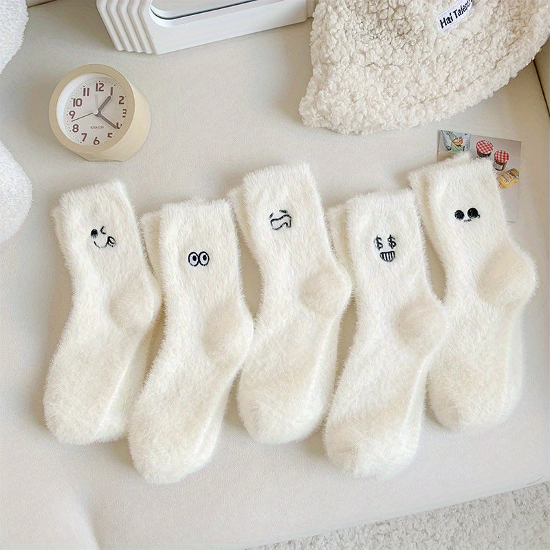 5 Pairs Cartoon Expression Pattern Embroidered Socks for Women Winter Stocking