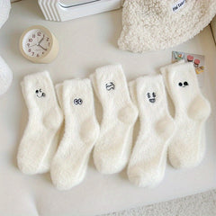 5 Pairs Cartoon Expression Pattern Embroidered Socks for Women Winter Stocking