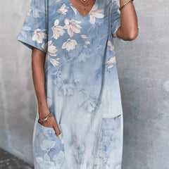 Floral Print V Neck Stretch Dress With Pockets