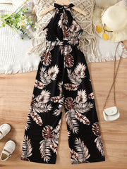 Vintage Leaf Print Halter Neck Sleeveless Jumpsuit for Girls