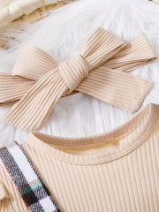 2PCS Toddler Baby Girl Outfit Long Sleeve Tops & Plaid Suspender Dress Set
