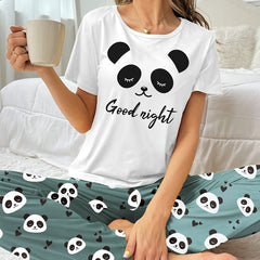Panda Print Pajama Set Short Sleeve Top & Pants