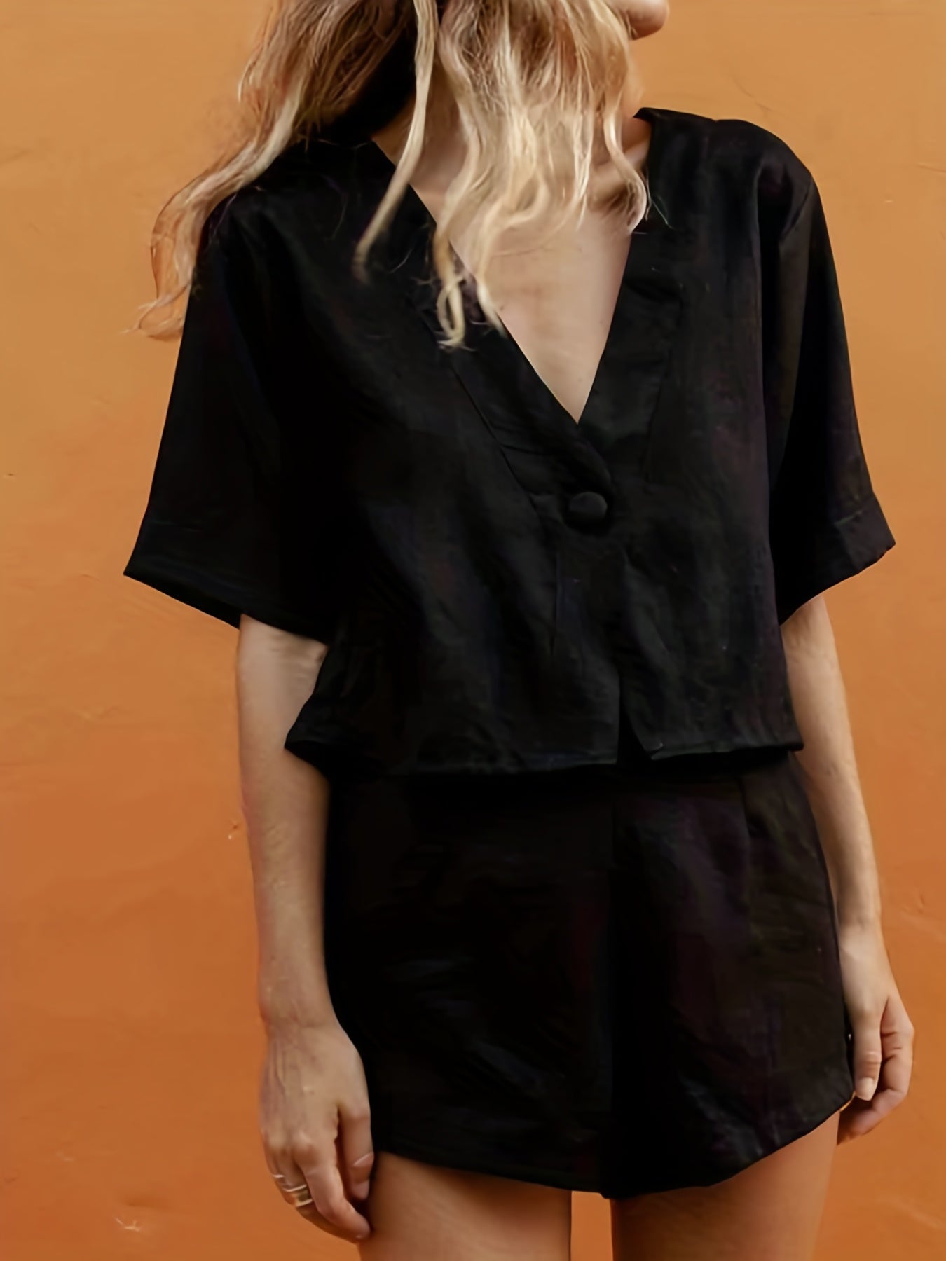 V Neck Top & Loose Shorts Set Casual Solid Two Piece Outfit
