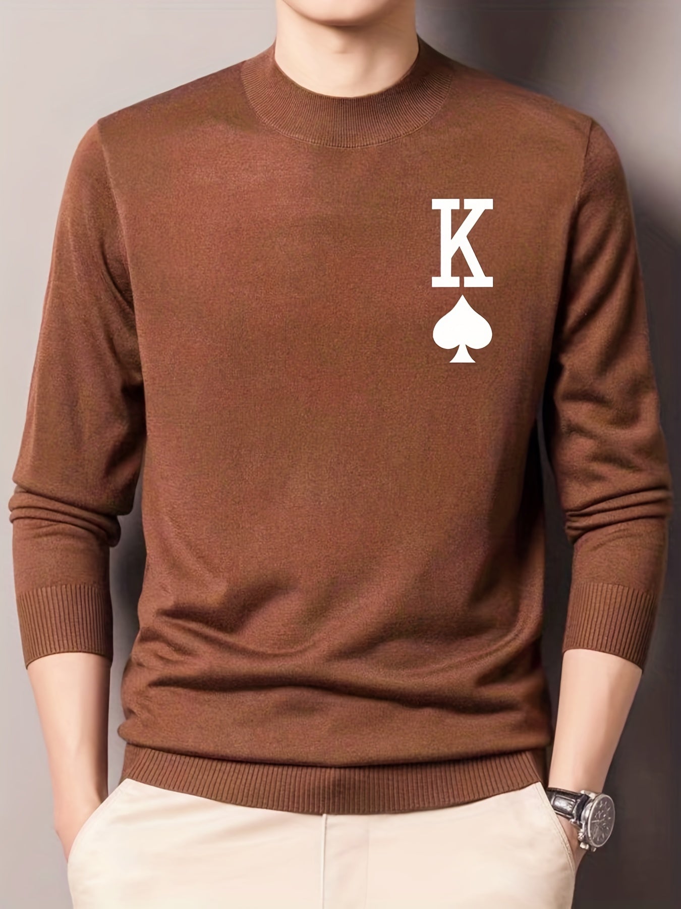 Spades Print Knitted Sweater Men's Warm Crew Neck Pullover