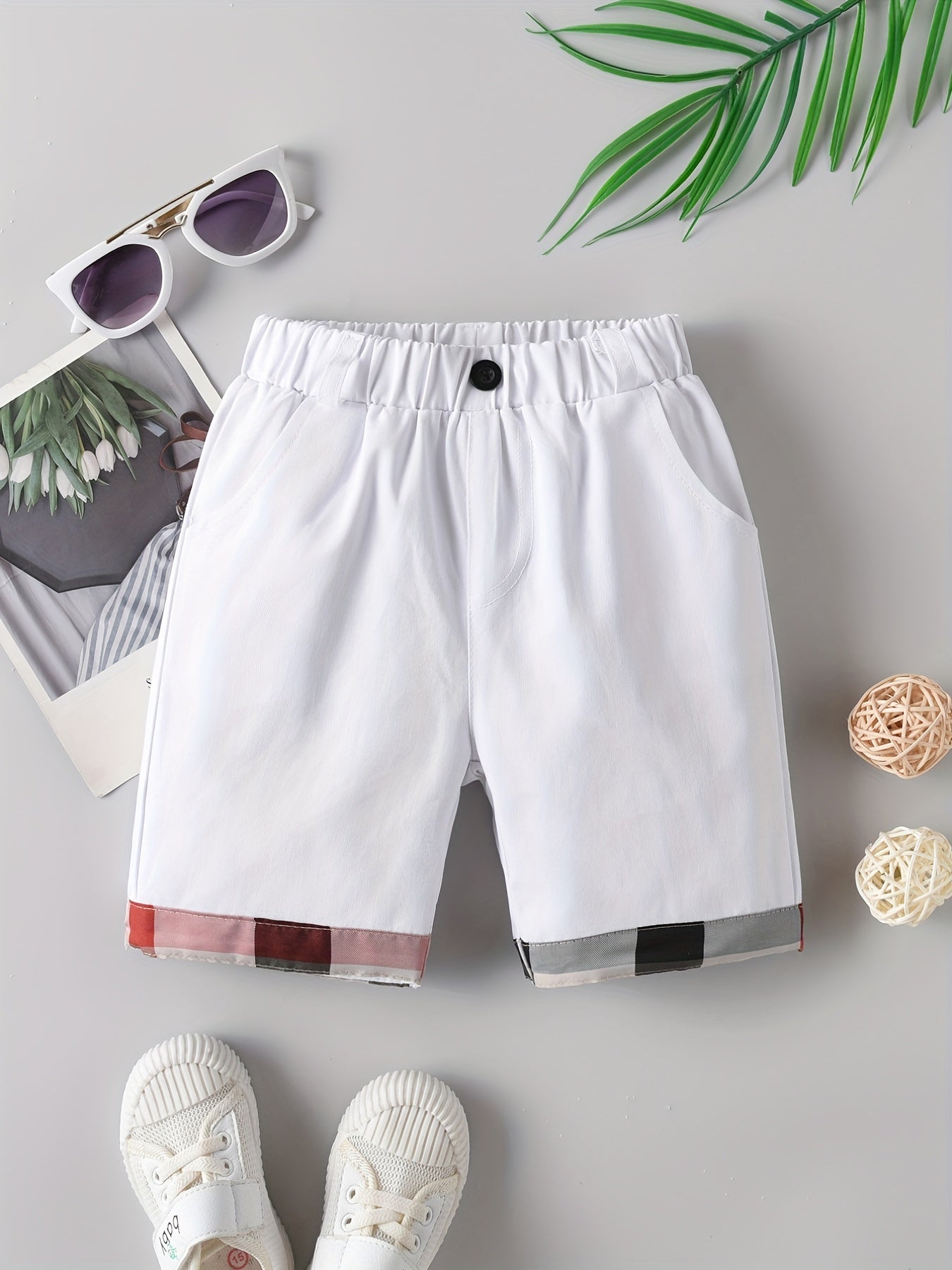 Boys Plaid Trim Shorts Soft Comfortable Breathable Kids Summer Clothes