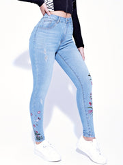 Floral Embroidery Ripped Skinny Jeans High Waist Stretchy Slim