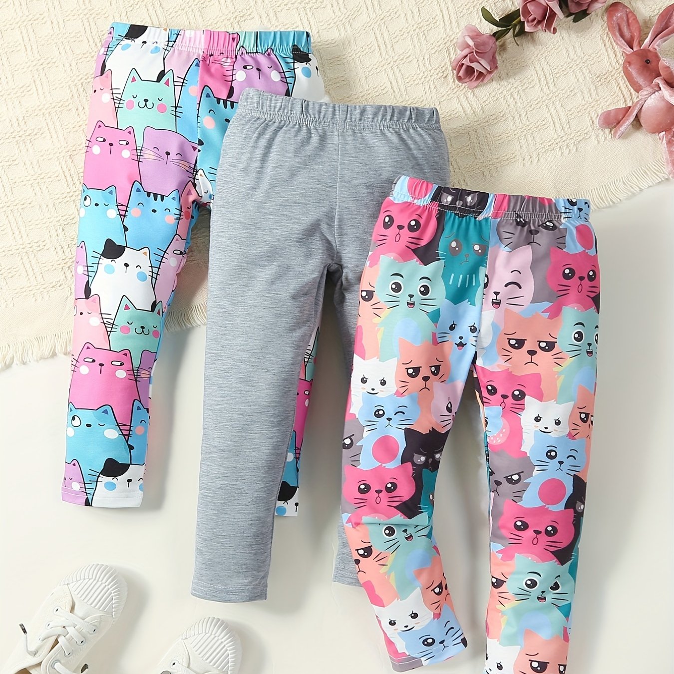 Girls' Kitty Print Comfy Casual Pants with Slight Stretch