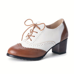 Women's Perforated Pumps Colorblock Lace Up Stacked Chunky Heels