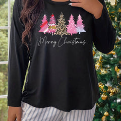 Women's Plus Size Christmas Tree Graphic Long Sleeve Round Neck T shirt