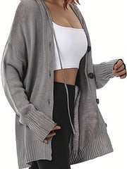Solid Button Front Hooded Cardigan Casual Long Sleeve Cardigan