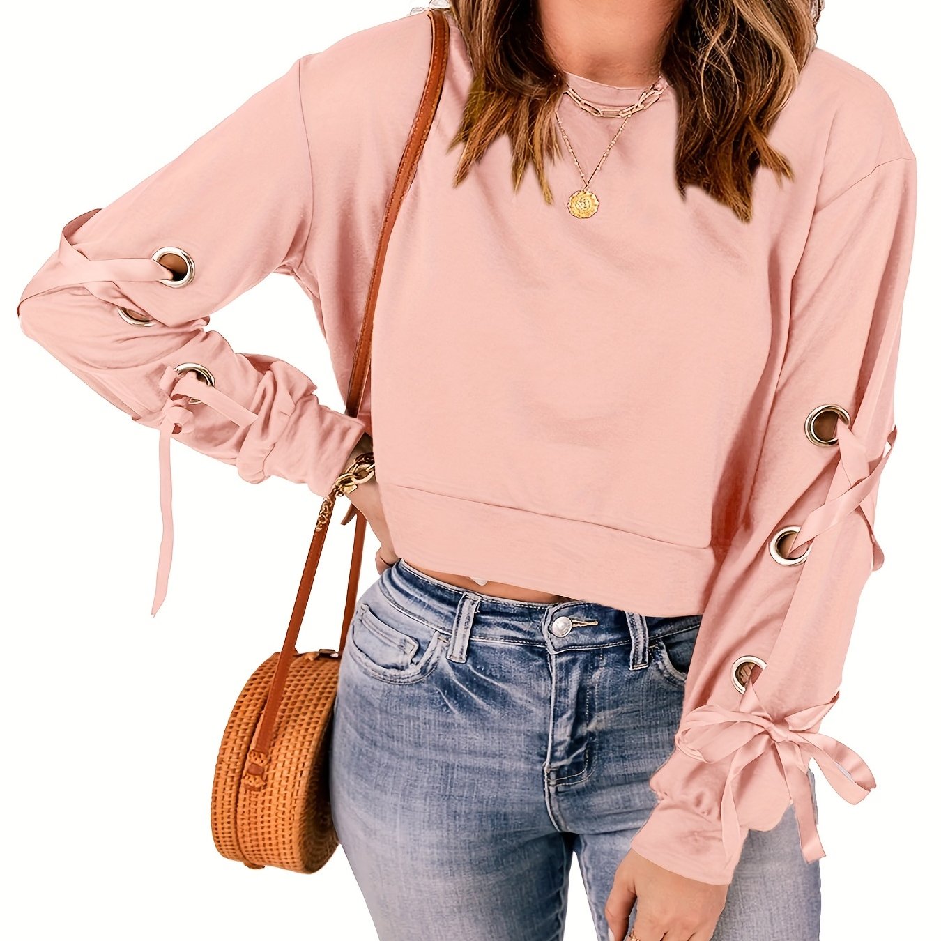 Solid Crew Neck Crop Sweatshirt Lace Up Long Sleeve