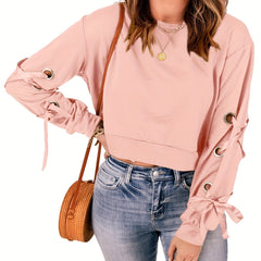 Solid Crew Neck Crop Sweatshirt Lace Up Long Sleeve