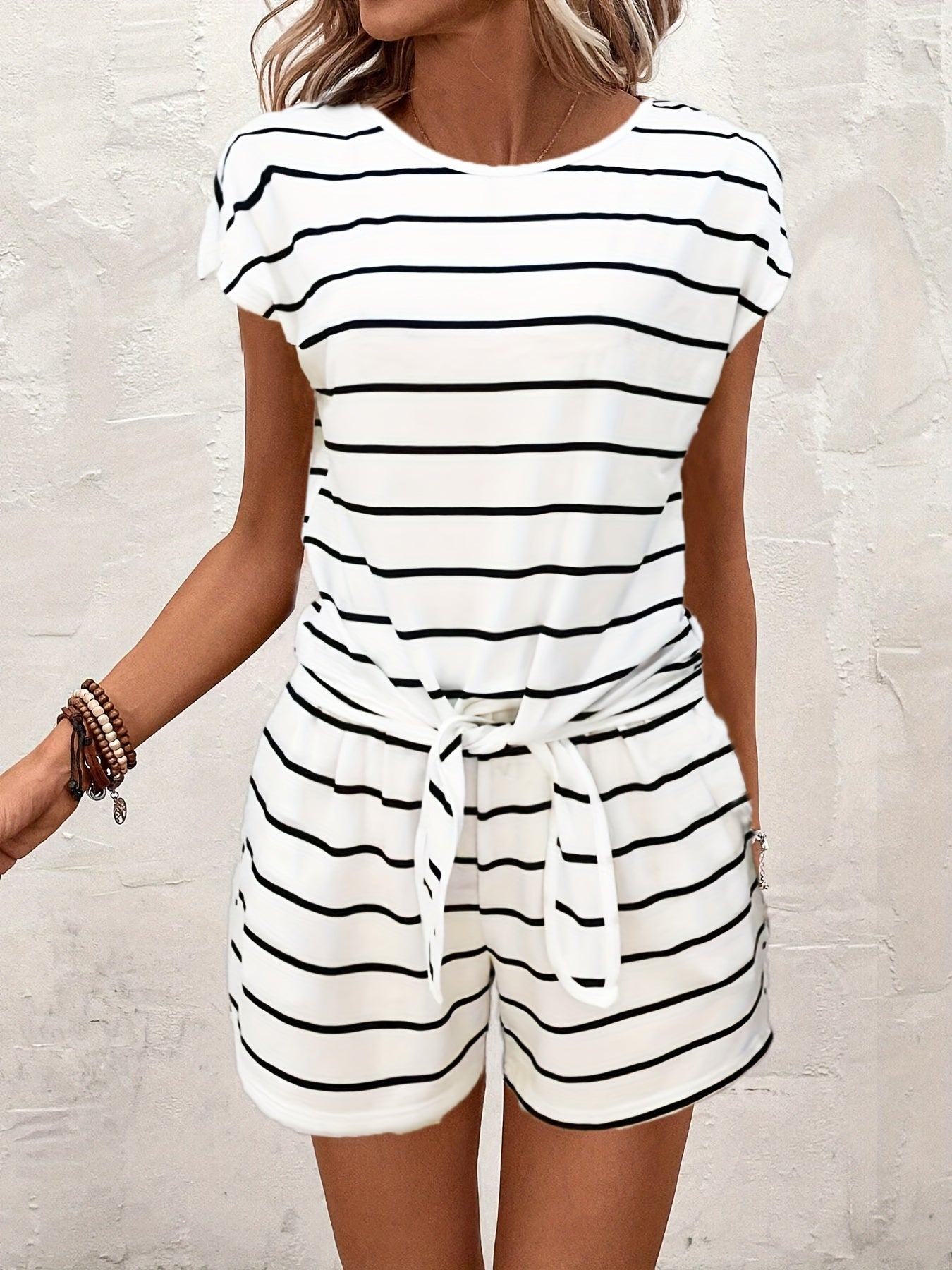 Striped Print Casual Two piece Set Tie Front Short Sleeve Tops & Wide Leg Shorts