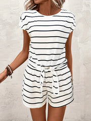 Striped Print Casual Two piece Set Tie Front Short Sleeve Tops & Wide Leg Shorts