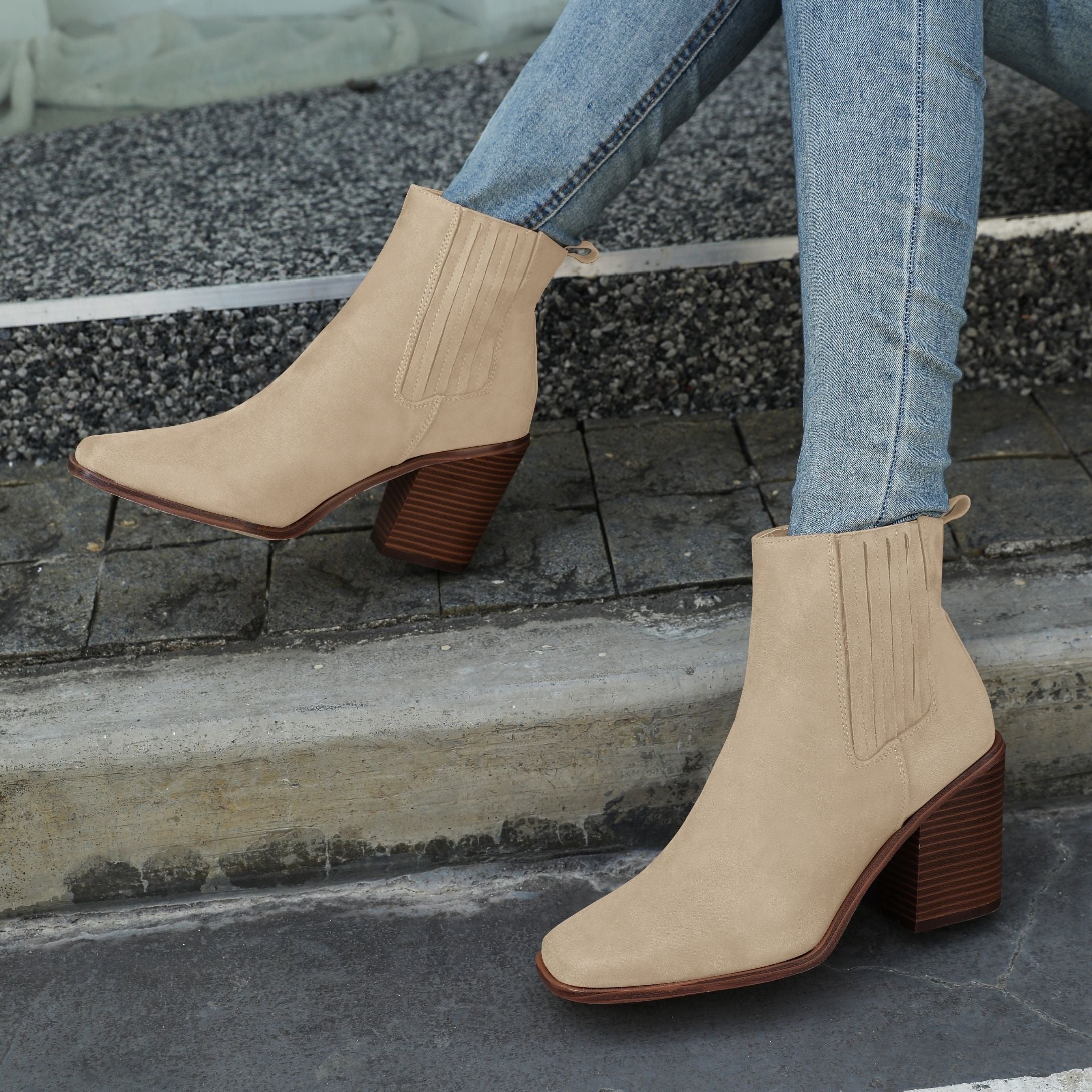 Chunky Heeled Ankle Boots Square Toe Casual Shoes