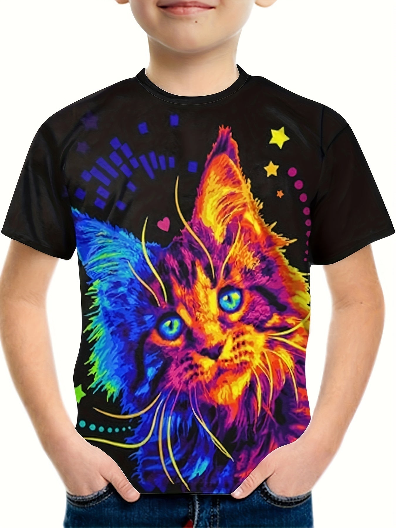 Boys Kitten Print Casual Tee Tops Kids Short Sleeve Crew Neck Summer T shirt