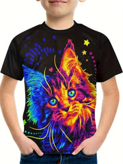 Boys Kitten Print Casual Tee Tops Kids Short Sleeve Crew Neck Summer T shirt