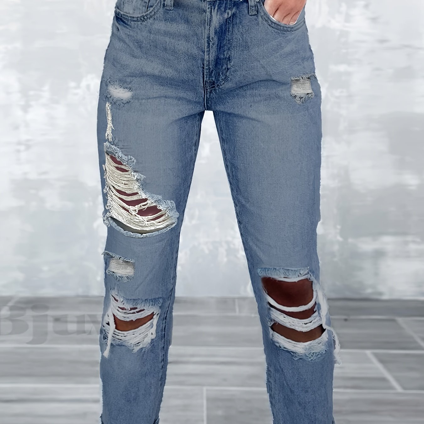 Button Fly Ripped Washed Jeans