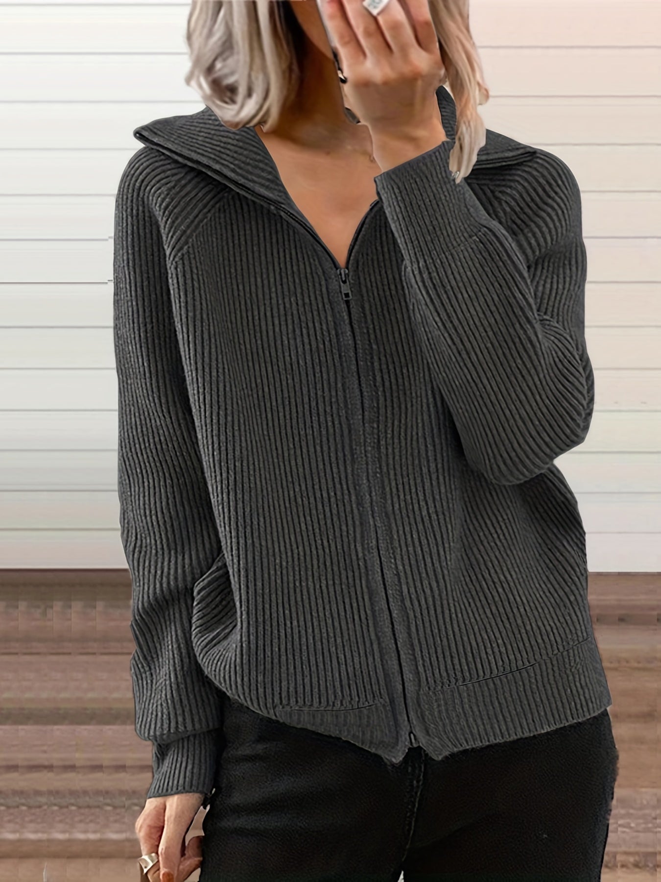 Solid Ribbed Long Sleeve Zipper Overcoat