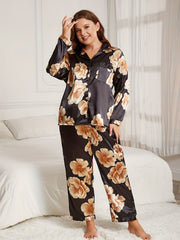 Satin Floral Print Pajama Set Button Up Shirt & Pants