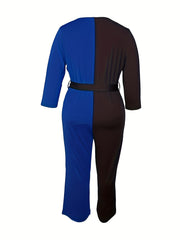 Colorblock Long Sleeve Slight Stretch Belted Jumpsuit