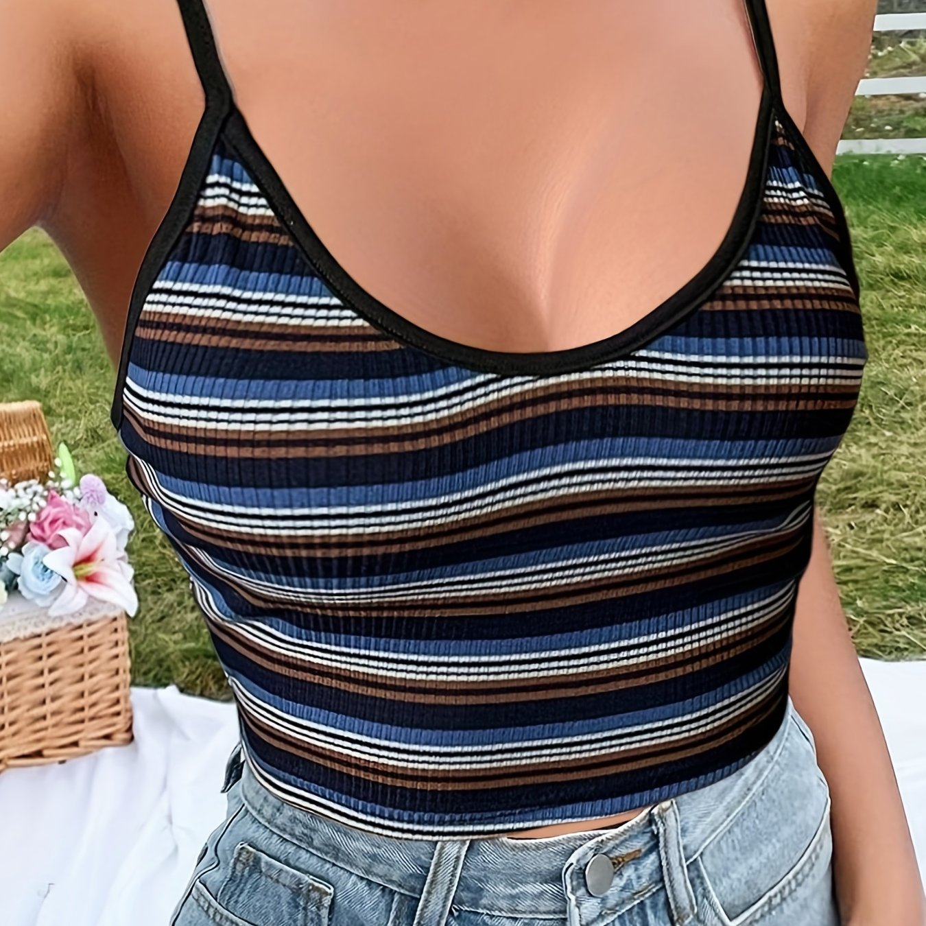 Striped Spaghetti Strap Crop Top Y2K Sexy Backless Cami Top