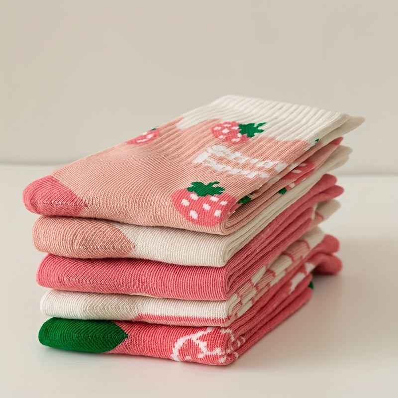 Girls Pink Flowers Strawberry Pattern Crew Socks for Autumn