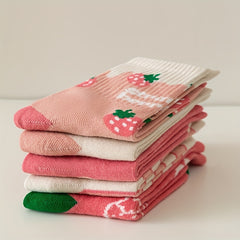 Girls Pink Flowers Strawberry Pattern Crew Socks for Autumn