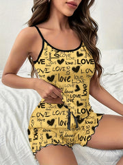 Letter Print Pajama Set Crew Neck Cami Top & Shorts