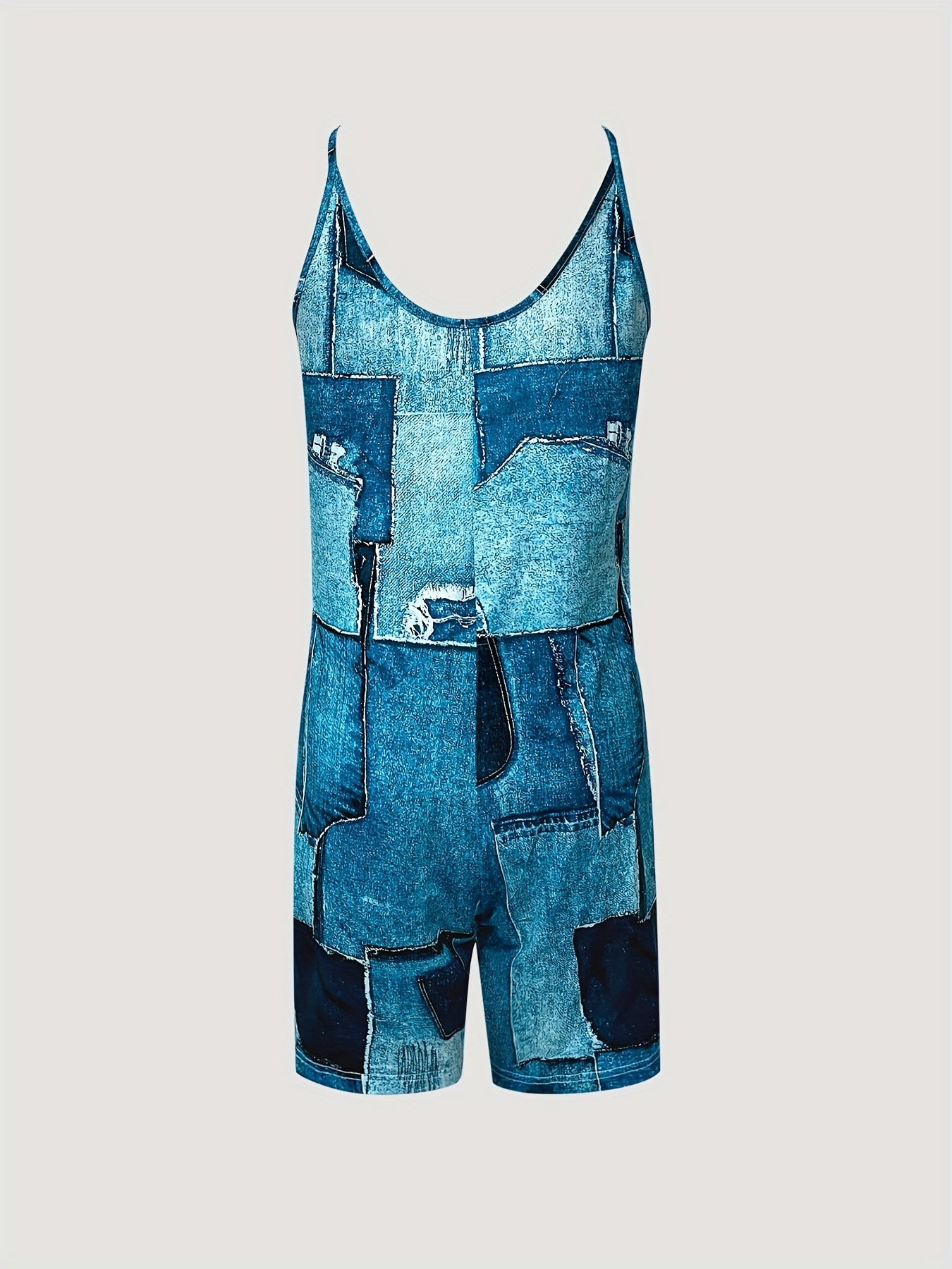 Y2K Patchwork Print Romper Jumpsuit Sleeveless Cami With Pocket