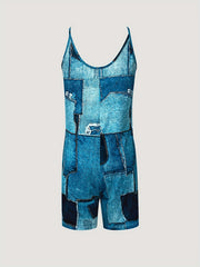 Y2K Patchwork Print Romper Jumpsuit Sleeveless Cami With Pocket
