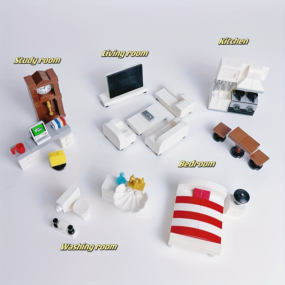 House Furniture Building Blocks Toys Set Living Room Kitchen TV Bed