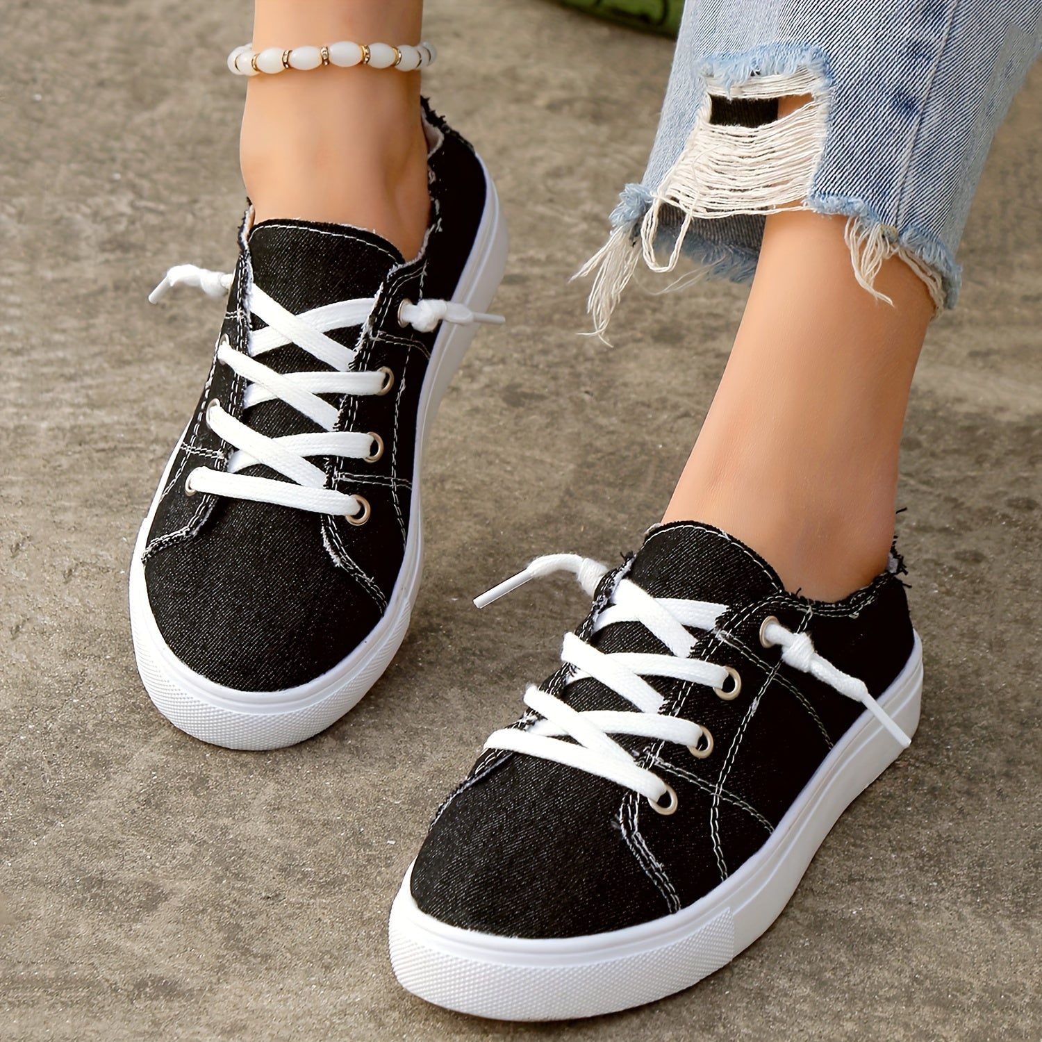 Women's Denim Canvas Flat Sneakers Lace Up Casual Shoes