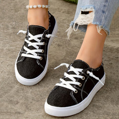 Women's Denim Canvas Flat Sneakers Lace Up Casual Shoes